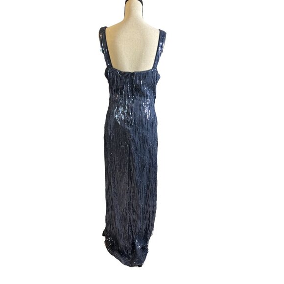 R&M Richards Blue Sequin Maxi Dress NEW V Neck Fringe Open Back Stretchy Size 14 - Picture 7 of 9